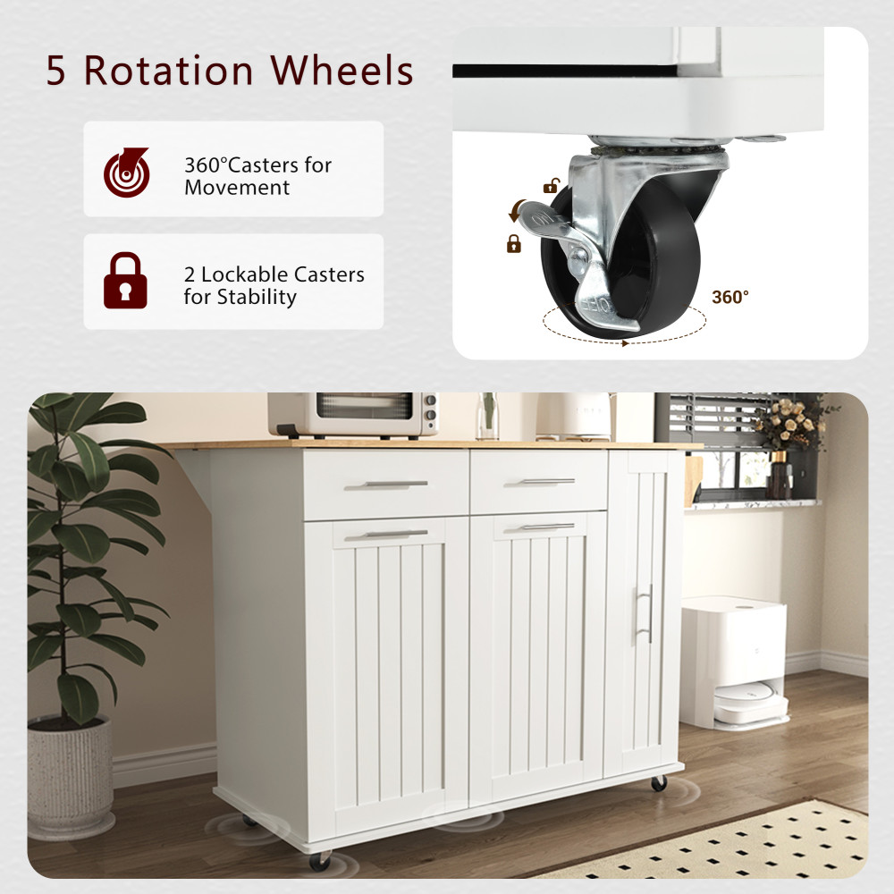 Kitchen Island with Drop Leaf with 3 Tier Pull Out Cabinet Organizer, White