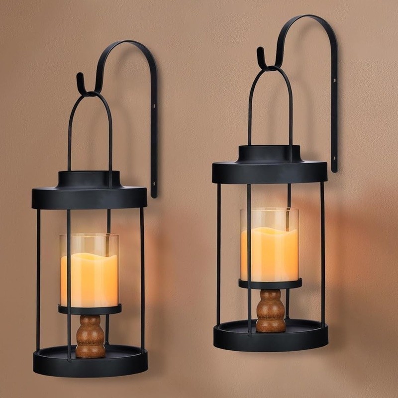 Set of 2 Wall Sconces W/ Flickering LED Candles Timer Function Black Metal New