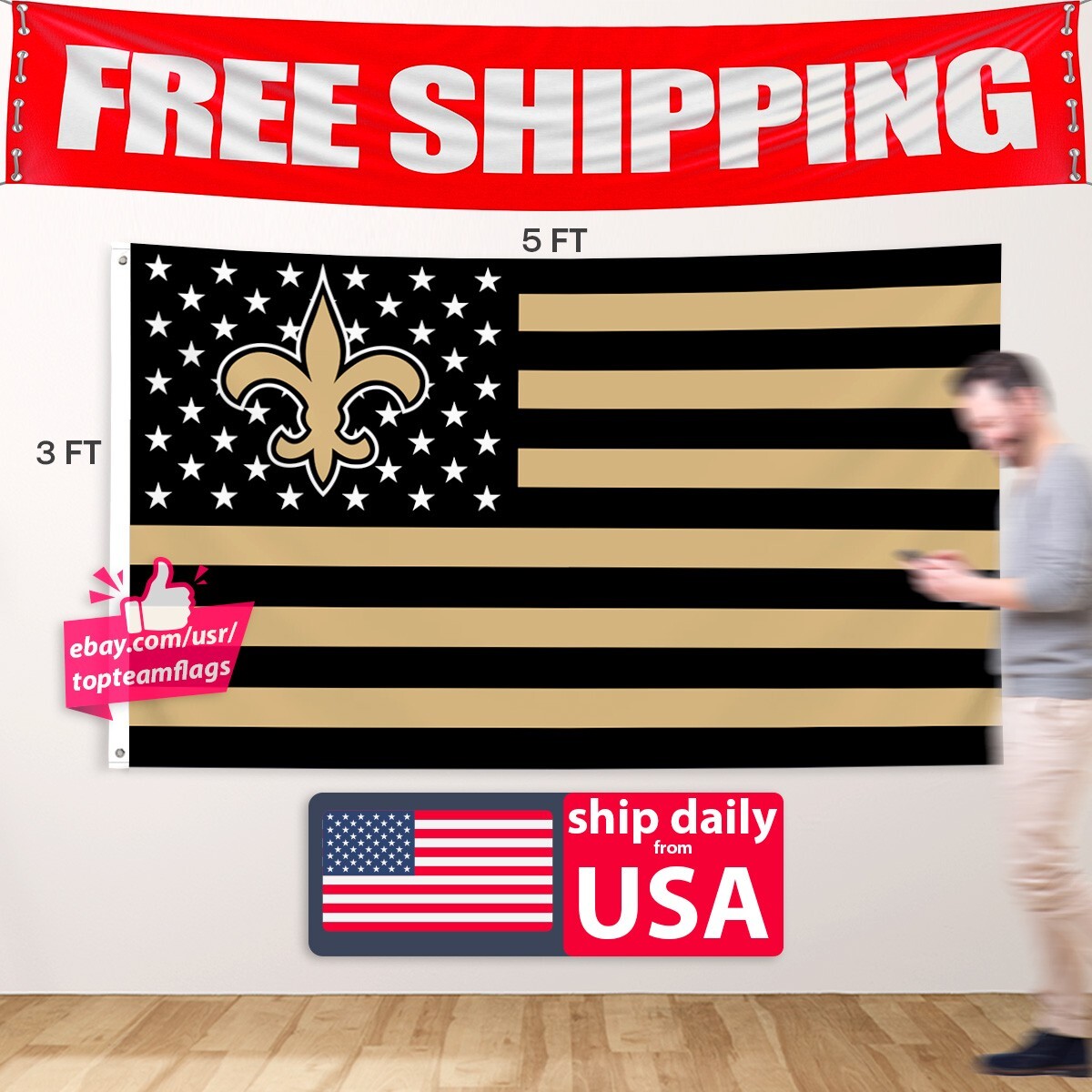 New Orleans Saints Flag 3X5 Banner Logo NFL Man Cave FAST FREE Shipping