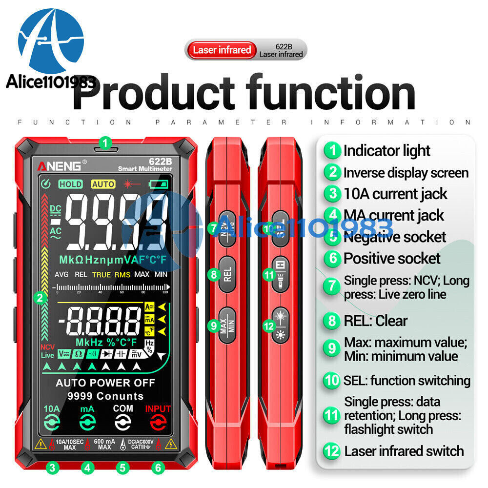 ANENG 622B Digital Smart Multimeter Auto Range DC/AC Meter infrared Laser Lamp