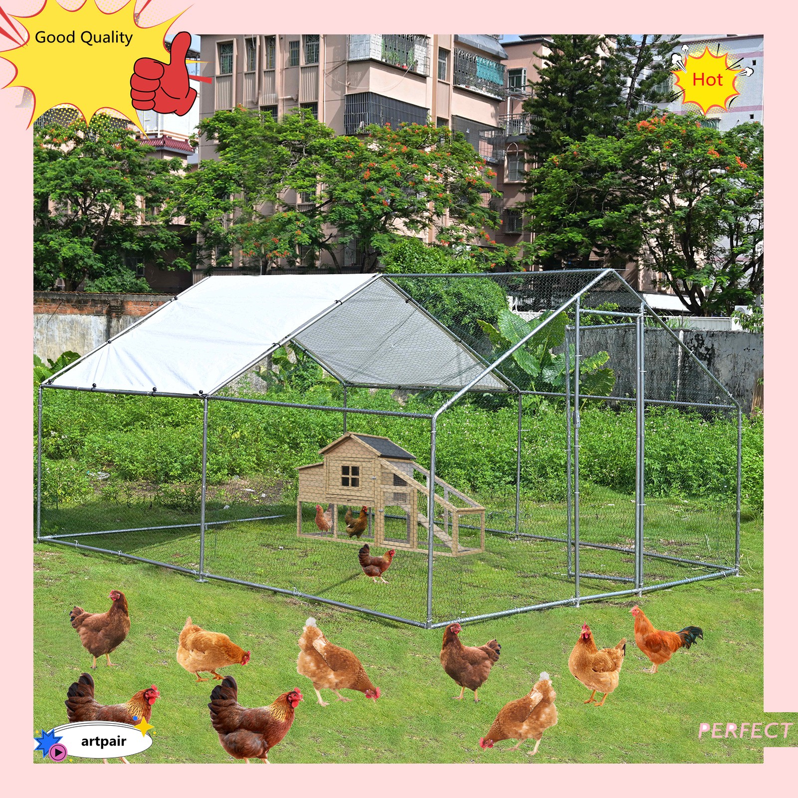 13x10 FT Chicken Coop Walk in Metal Poultry Cage Hen House Chicken Run Cover US