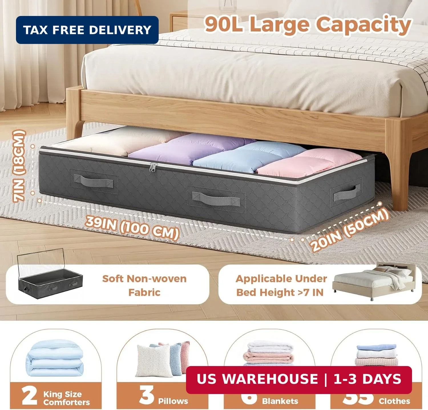 90L Under Bed Storage Containers, 4 Pack Closet Organizers Grey | Foldable under