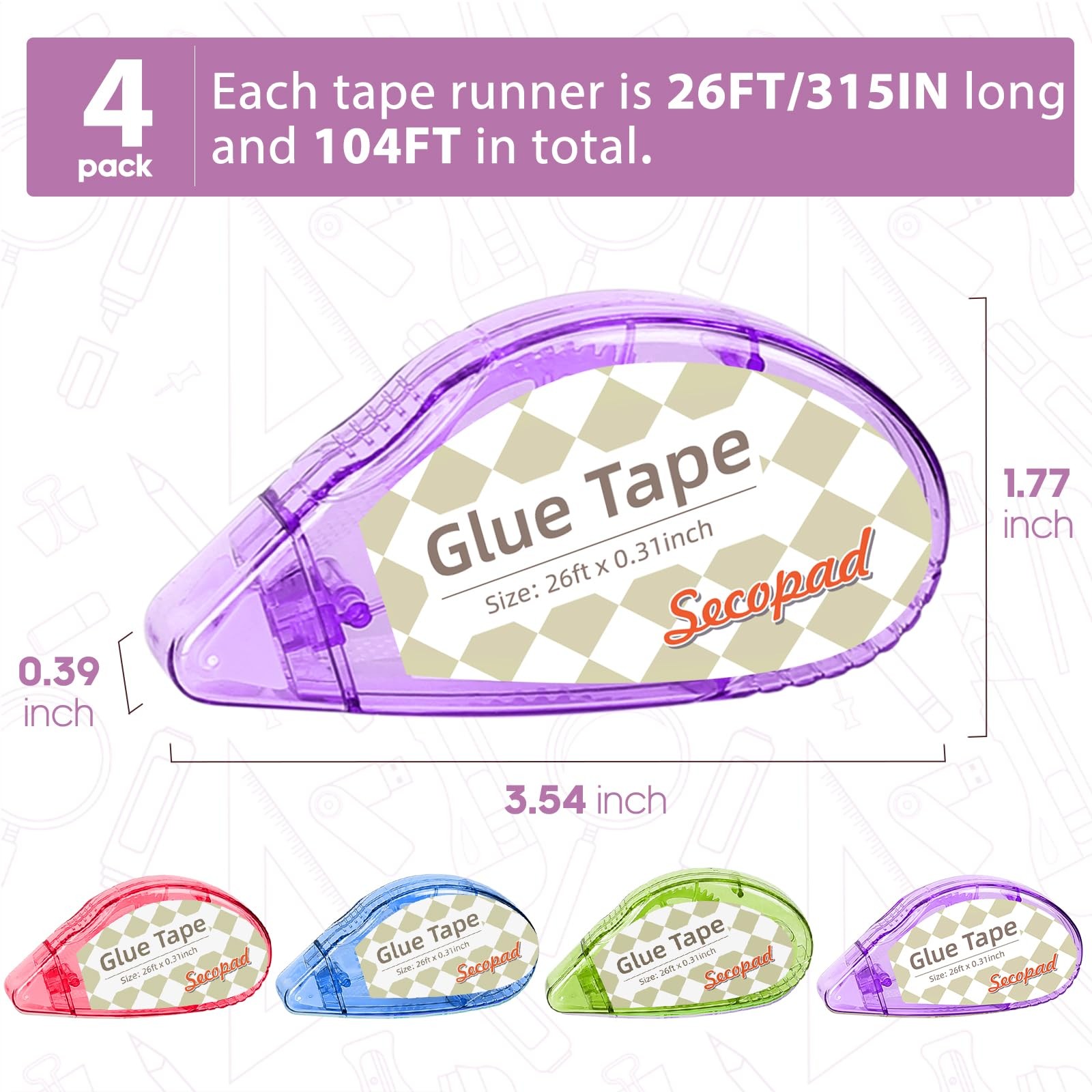 Secopad Scrapbook Tape, 4 Pack Double Sided Tape Roller Clear Colored Shell