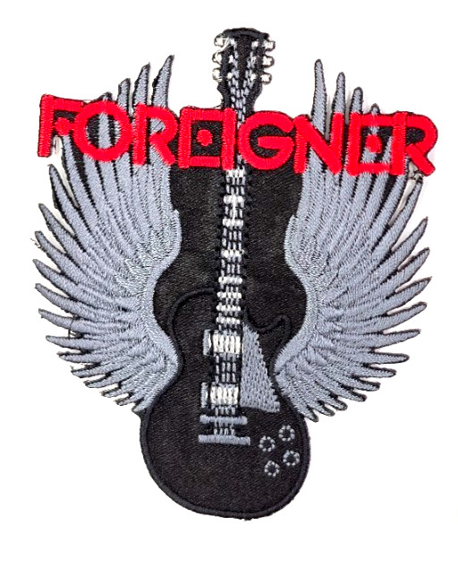 Foreigner Guitar With Wings Iron-On Embroidered Patch 3" X 3- 1/2"