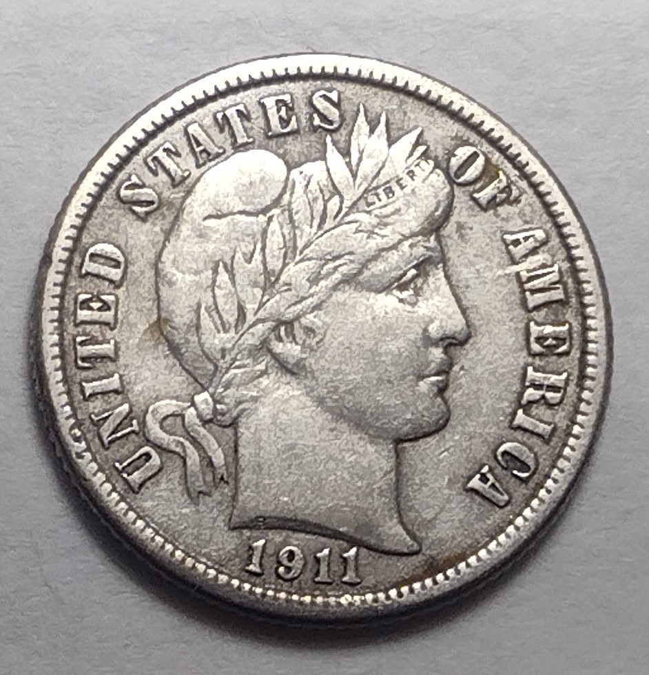 1911 Barber Silver Dime Full Liberty EX+/AU Almost Uncirculated