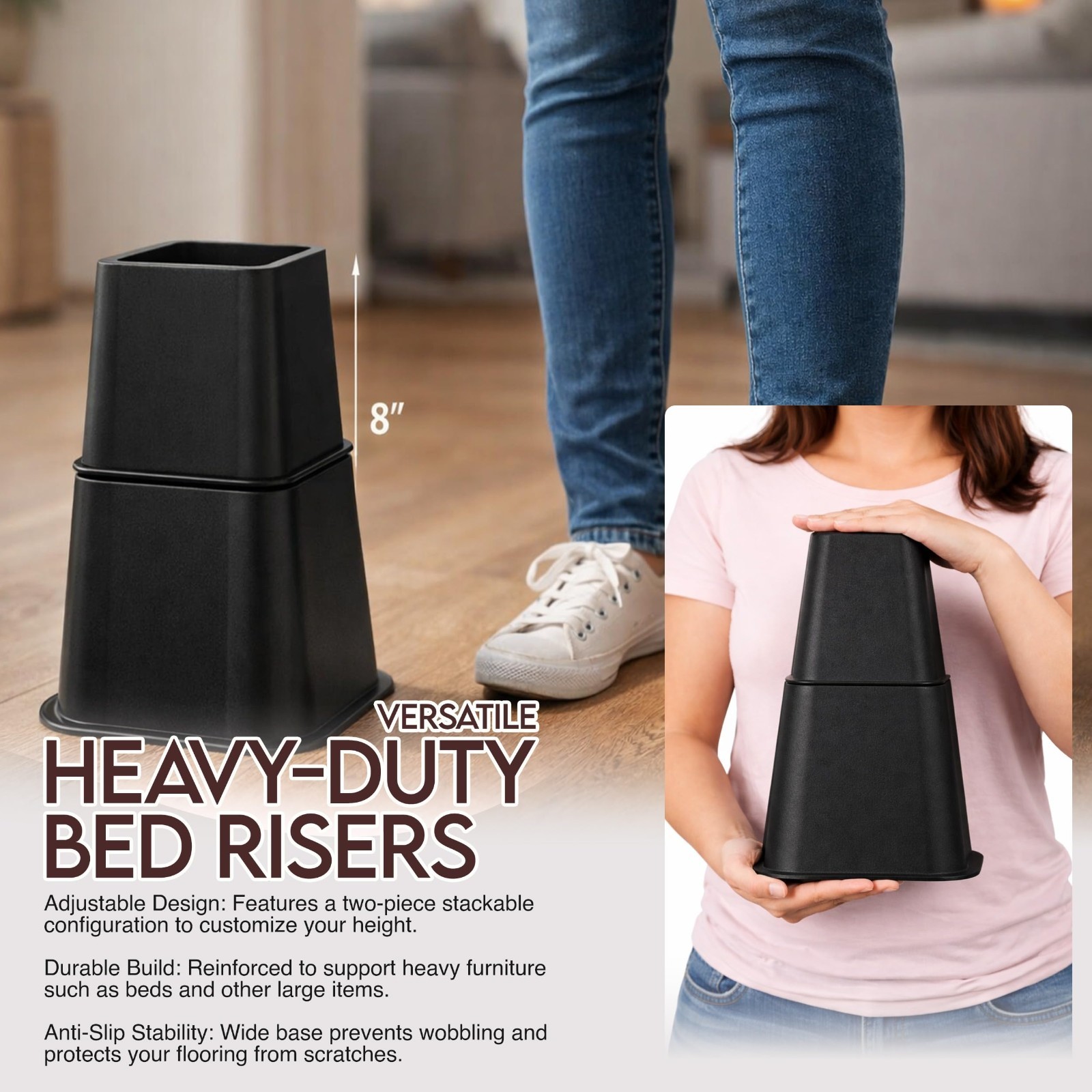 Adjustable Bed Risers 3 & 5 Inch, 1300 lbs Capacity, 4 Pack - Black Height Boost