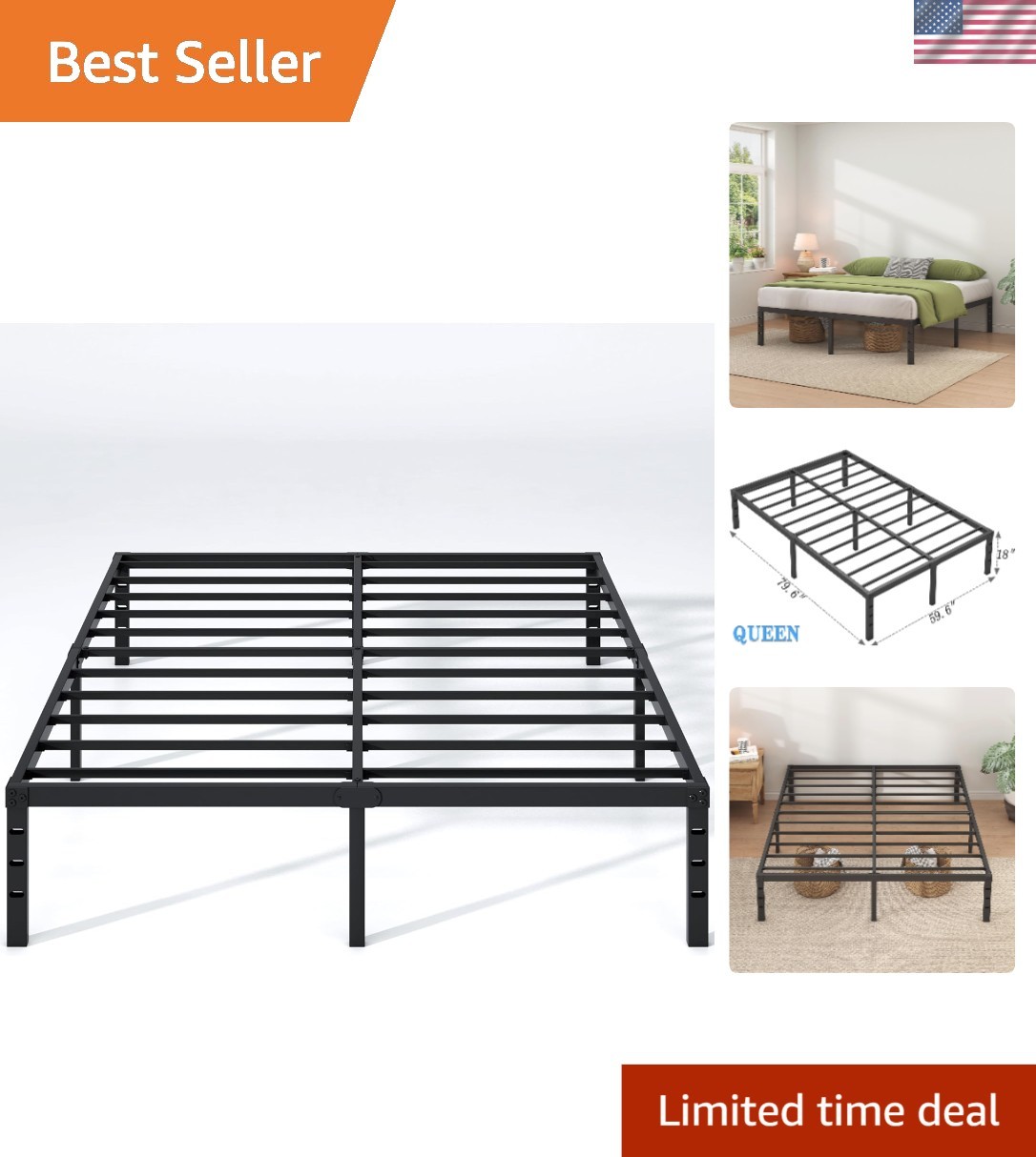 Minimalistic Black 18 Inch Queen Metal Bed Frame with Significant Storage Space