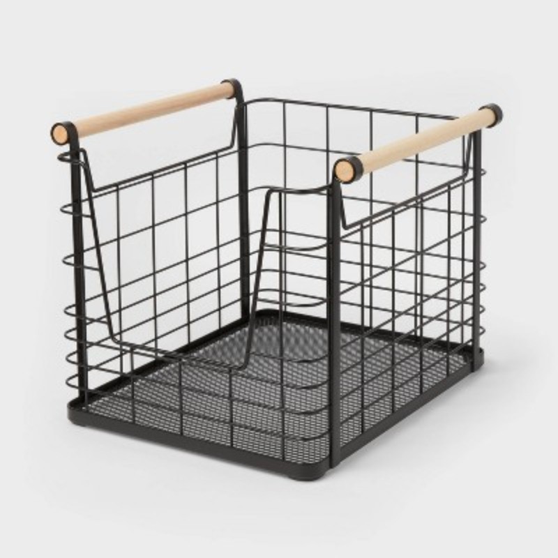 Wire Open Front Basket Black with Natural Wood Handles