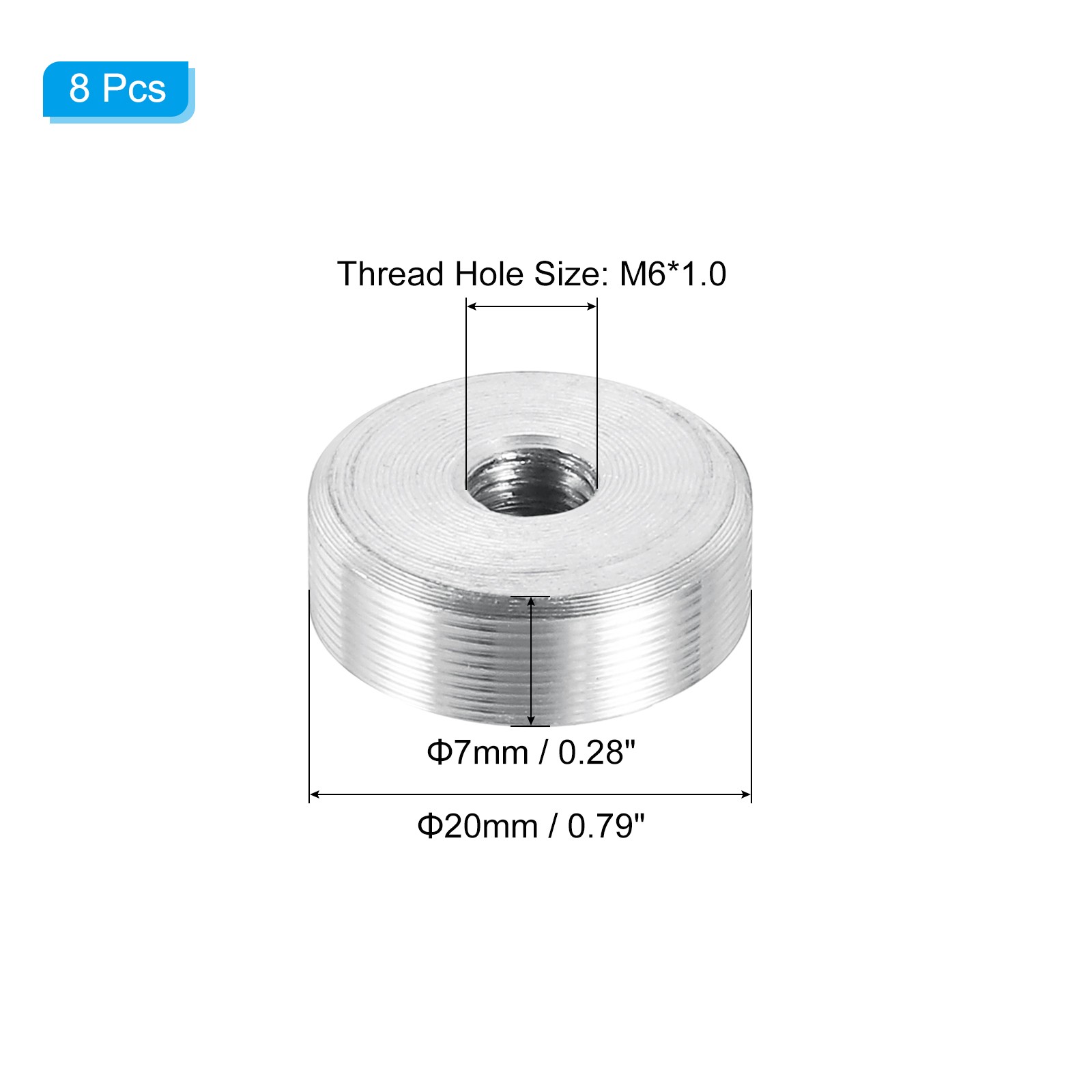 20mm Round Shape Aluminum Disc 8 Pack M6 Thread Hardware Aluminum Disc Silver