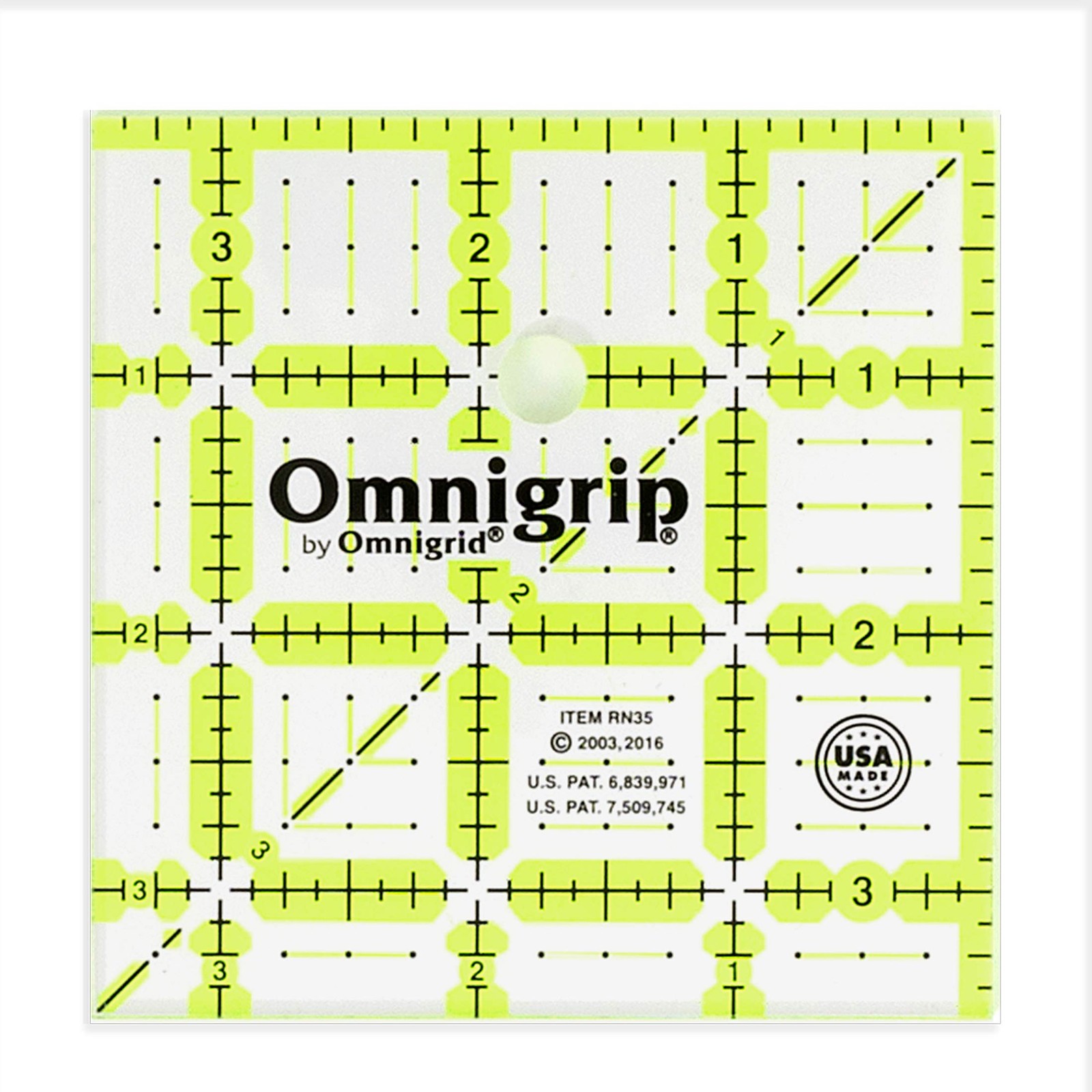 Omnigrip 3-1/2" Square Ruler, Clear Quilting and Sewing 3.5" x 3.5", Green