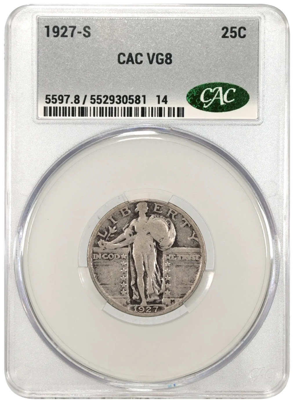 1927 S Standing Liberty Quarter CAC VG8