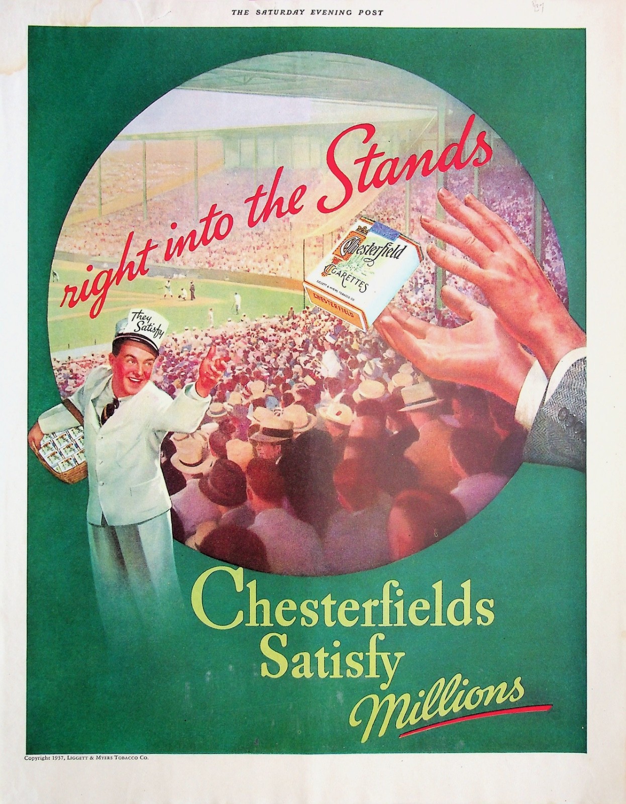 Original 1937 Vintage Chesterfield Ad: Chesterfields Satisfy Millions #Baseball