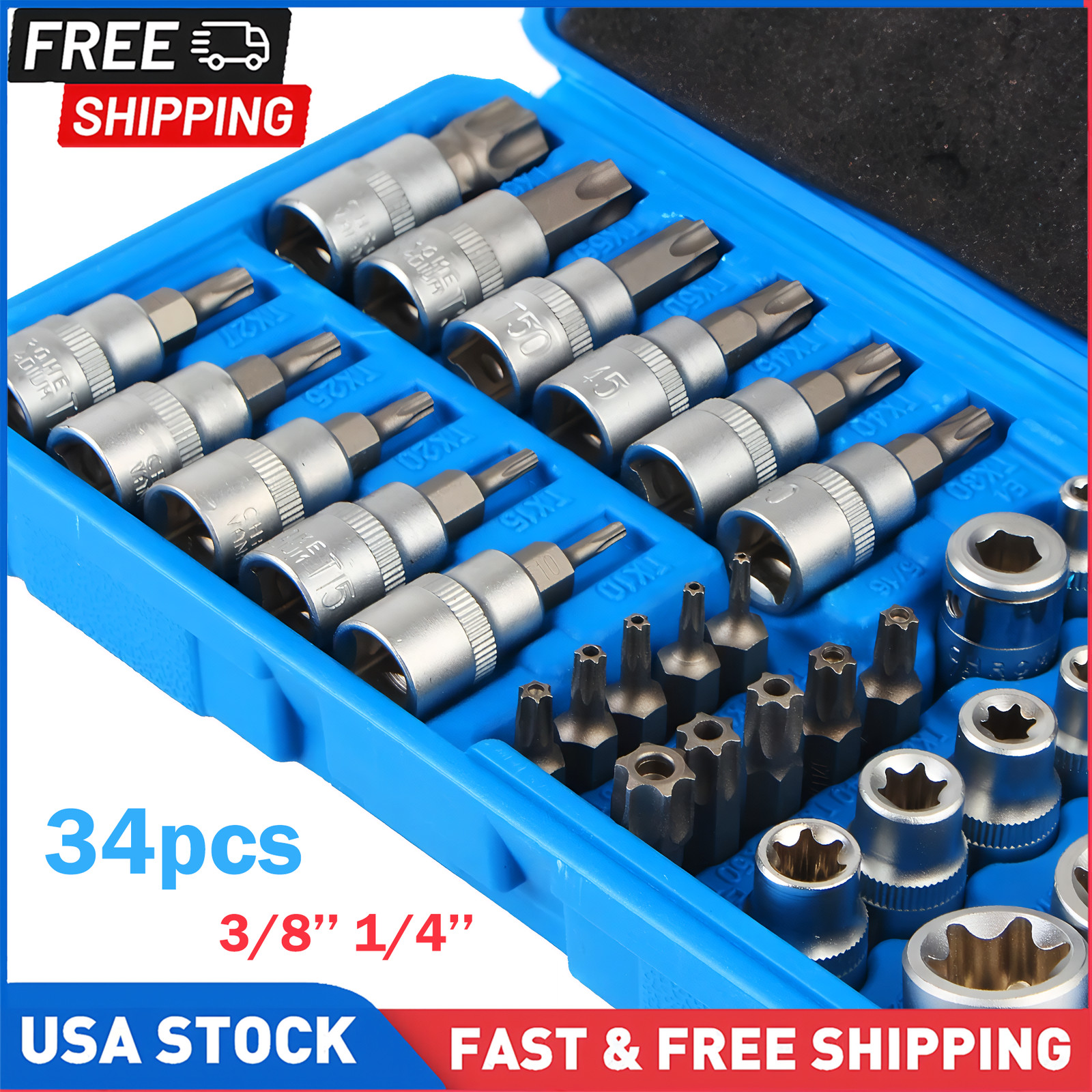 34pcs Torx Star Sockets & Bit Set for Male Female E-torx Security Bits 3/8 Drive