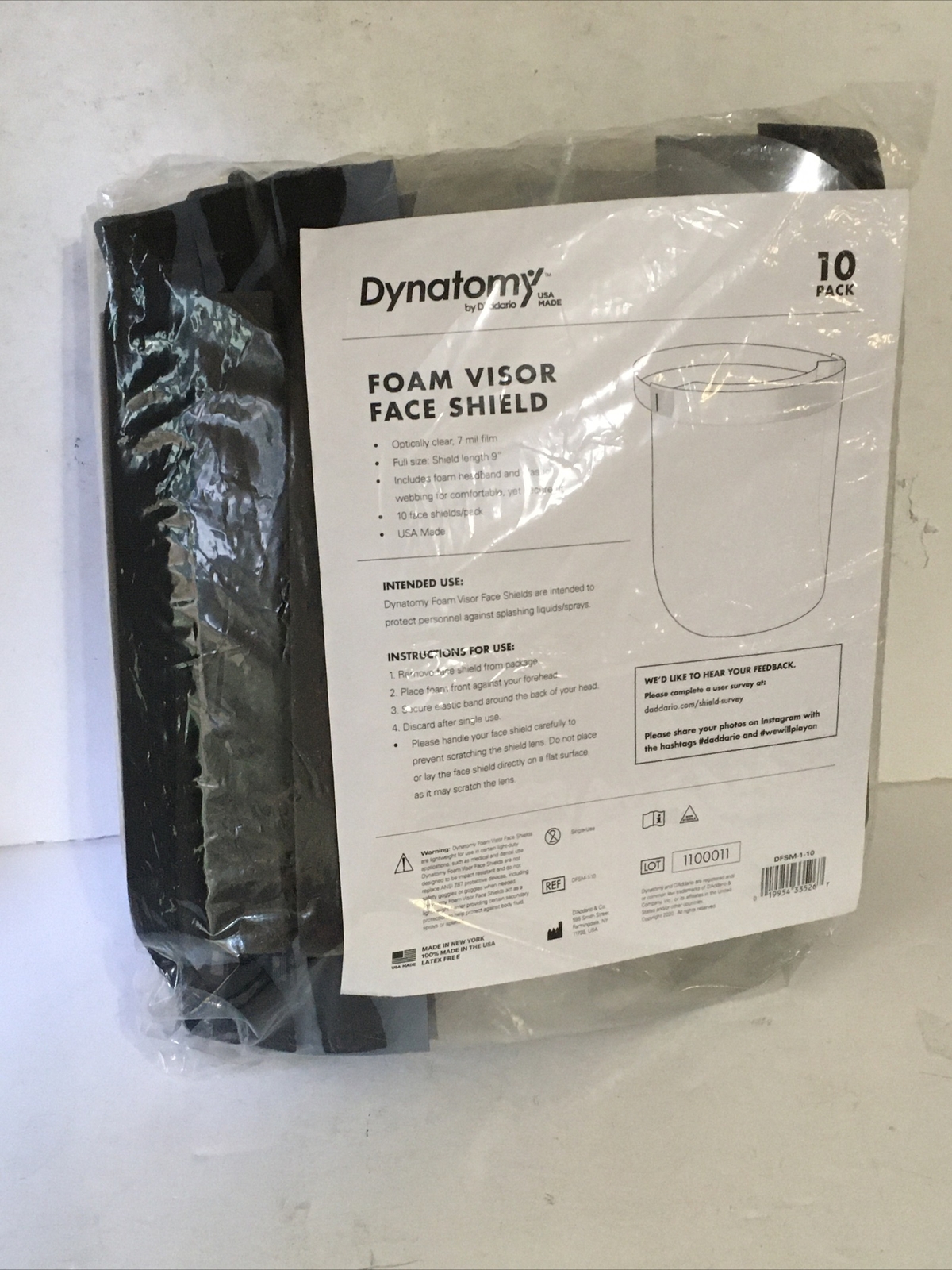 10-pack Single-Use Foam Visor Face Shields, Dynatomy