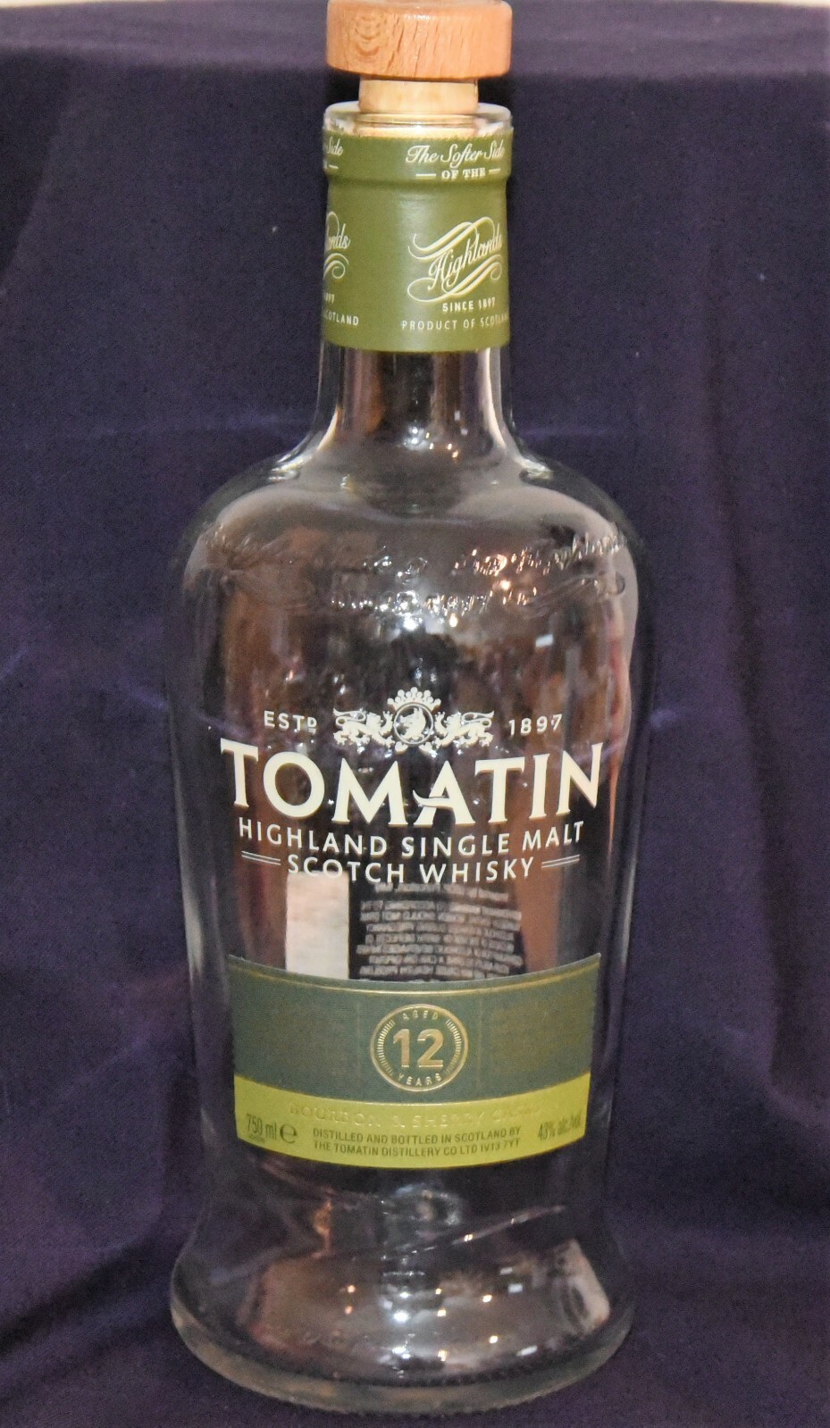 "Tomatin" 12-year Single Malt Scotch Whisky Bottle Empty Highland 750ml w Cork