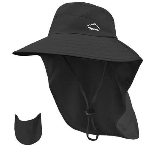 Sun Hat for Men Women with Neck Flap,Wide Brim UPF50+ Fishing 1 1pack-black