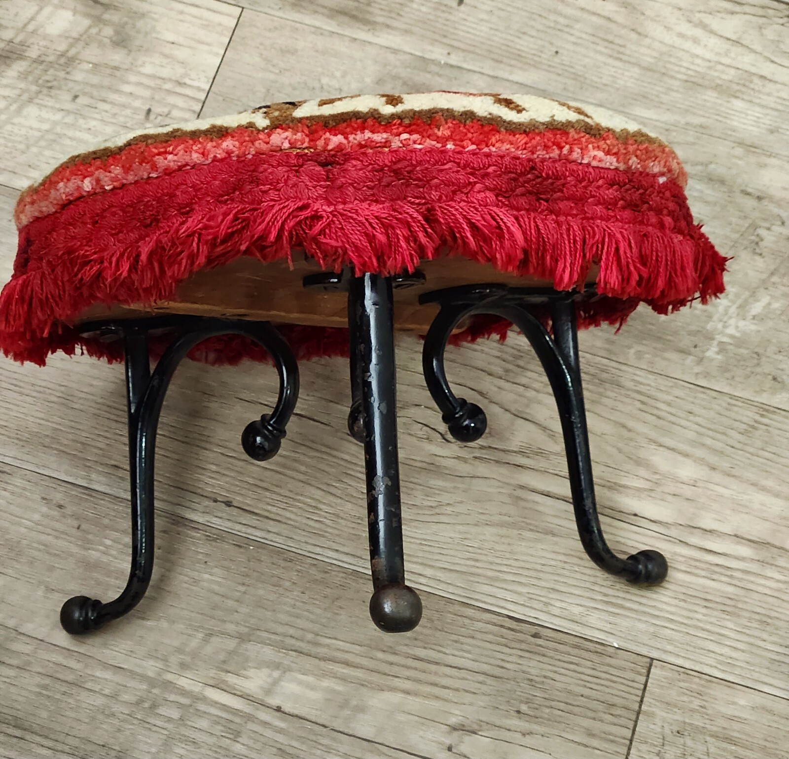 Antique Victorian Hooked Rug Foot Stool Wrought Iron Legs Floral Fringe Vintage