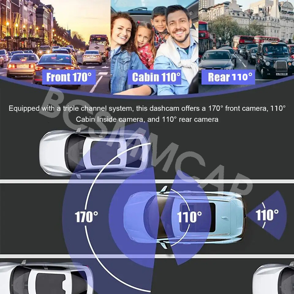 Dash Cam 3 Channel 4K Dash Camera Three Cameras W/WiFi Loop Recording G-Sensor