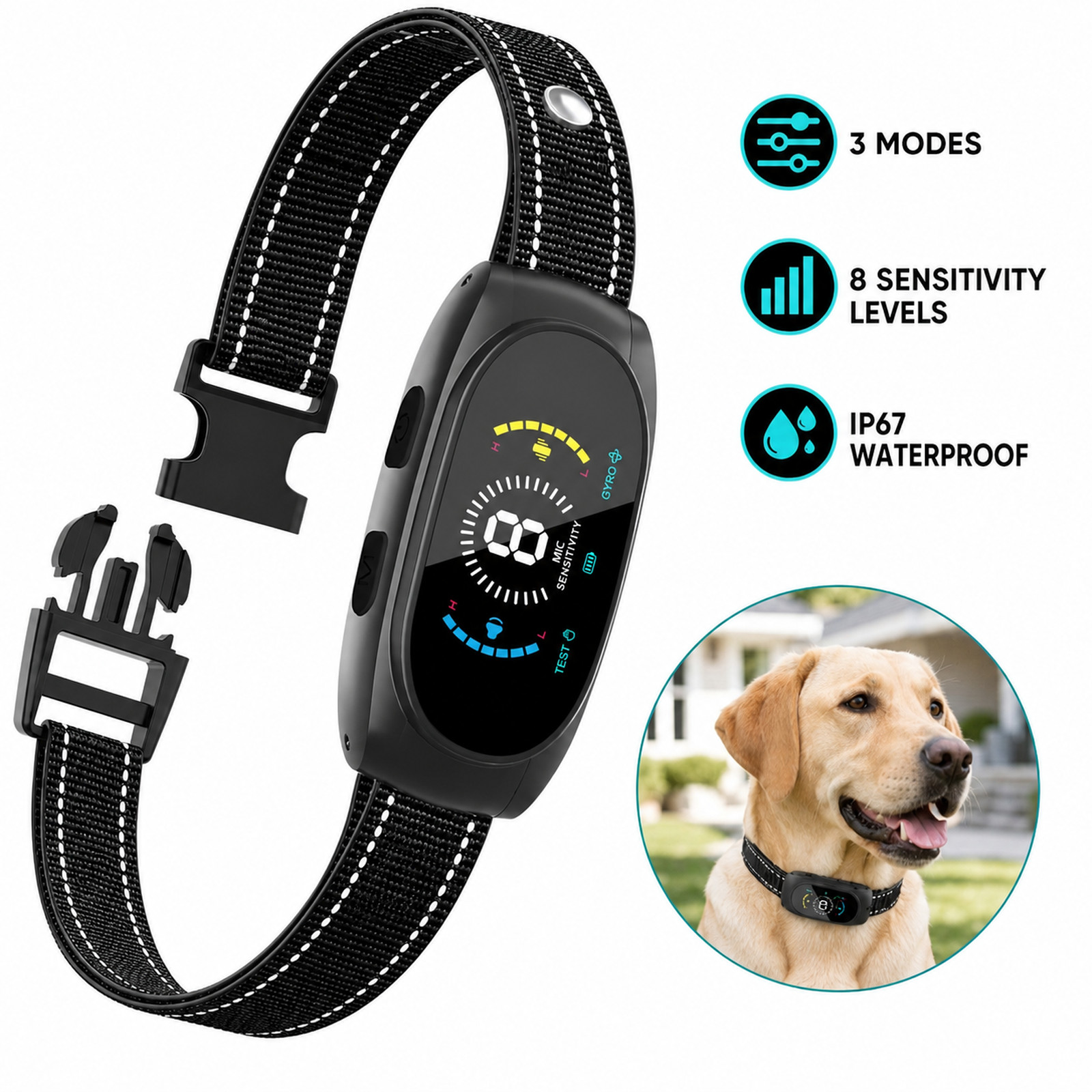 Smart Anti Bark Collar 3 Modes 8 Sensitivity IP67 Rechargeable for Dogs - NEW