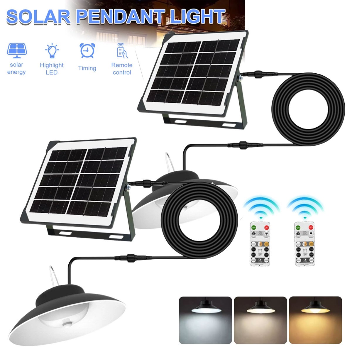 2Pack LED Solar Power Pendant Lights In/Outdoor Gazebo Porch Hanging Shed Lamp