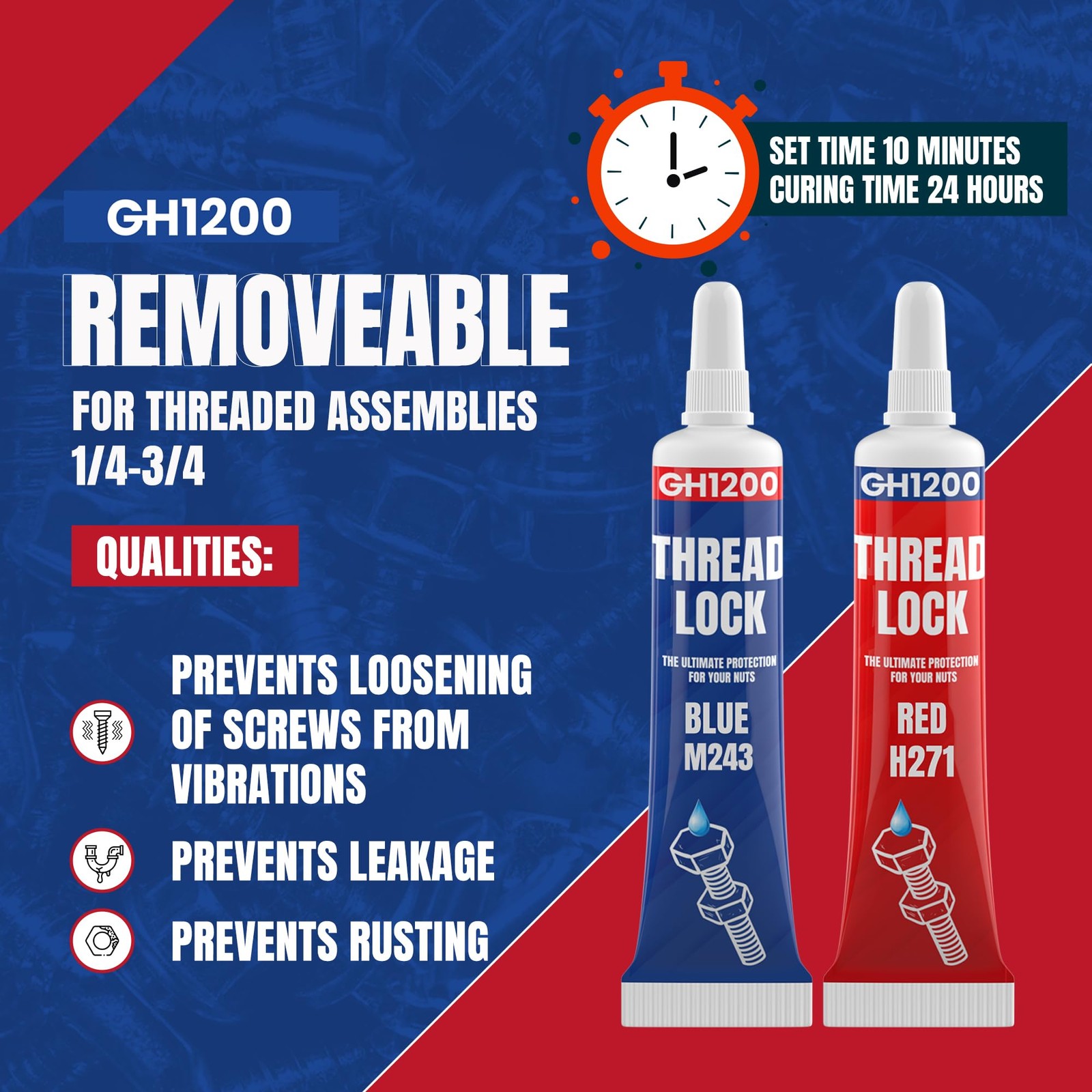 GH1200-6gx2 Pack Thread Lock Medium and Strong Strength for Nuts, Blue,Red