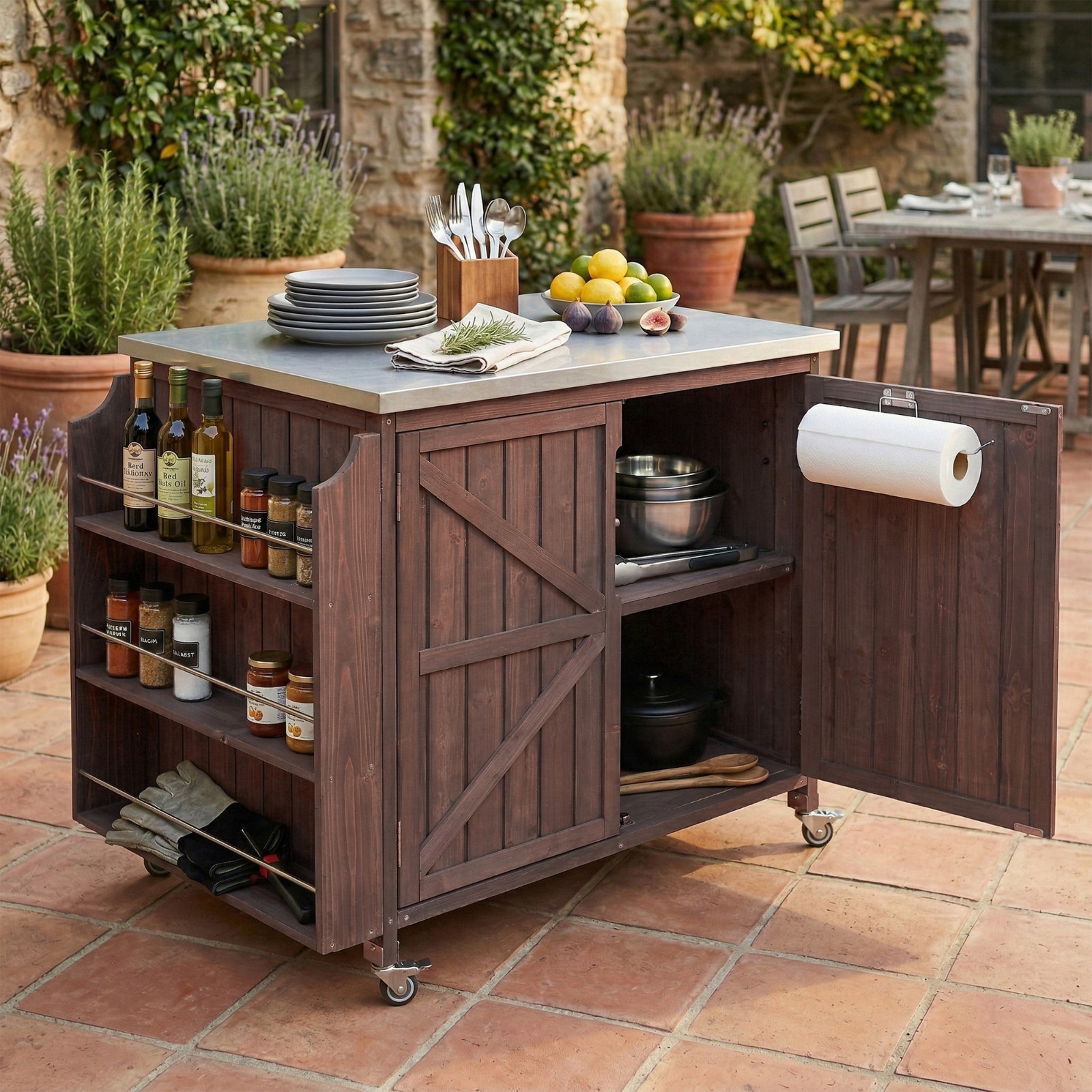 42.1" Outdoor Kitchen Island w/ Side Shelf,Stainless Steel Top, Adjustable Shelf