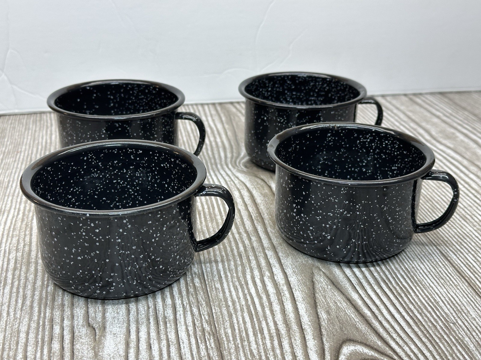 (4) Enamel 10 oz Camping Coffee Mugs Cups - BLACK w WHITE SPECKLES