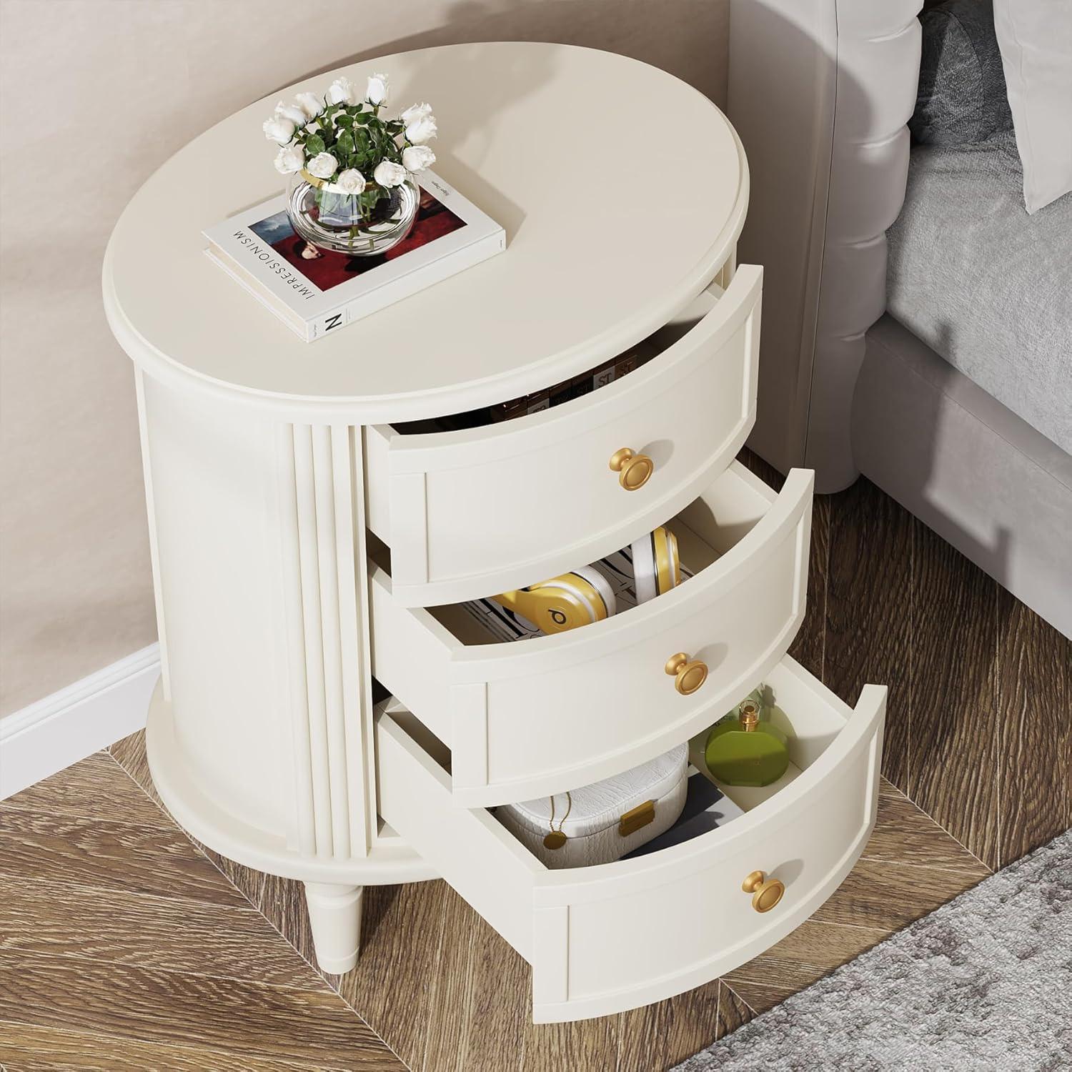 Nightstand with 3 Drawers, Oval Bed Side Table for Bedroom, Fully Assembled, Far