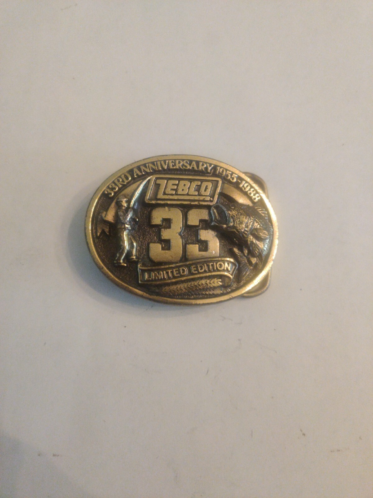 Vintage Zebco Fishing Reels 33rd Anniversary Limited Ed. Belt Buckle 1955-1988