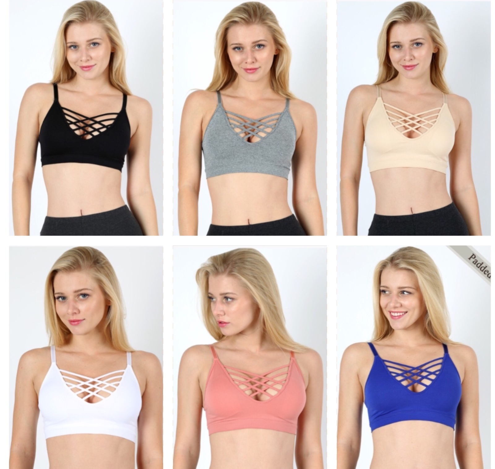 Criss Cross Caged Front V Lattice Mesh Back Detail Bralette w/ Removable Pads