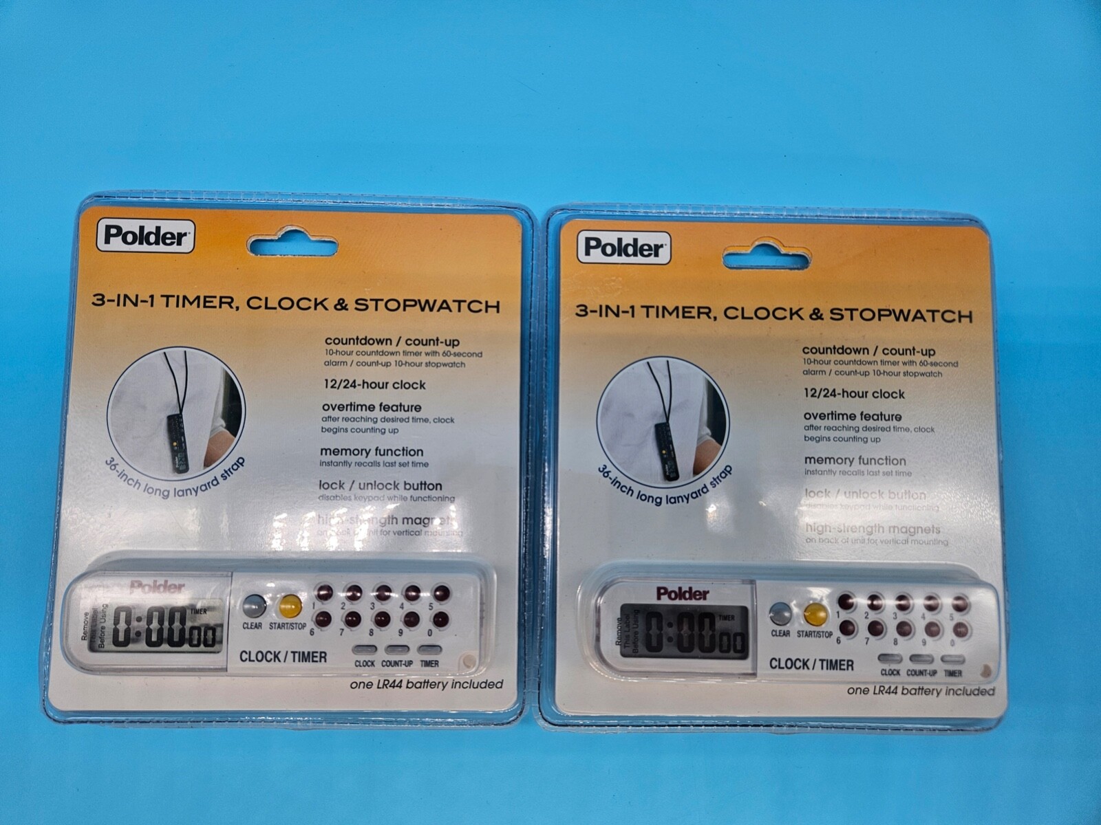 TWO Polder 3-IN-1 Timer Clock & Stopwatch 898-90 Multi Function Tool w/ Lanyard