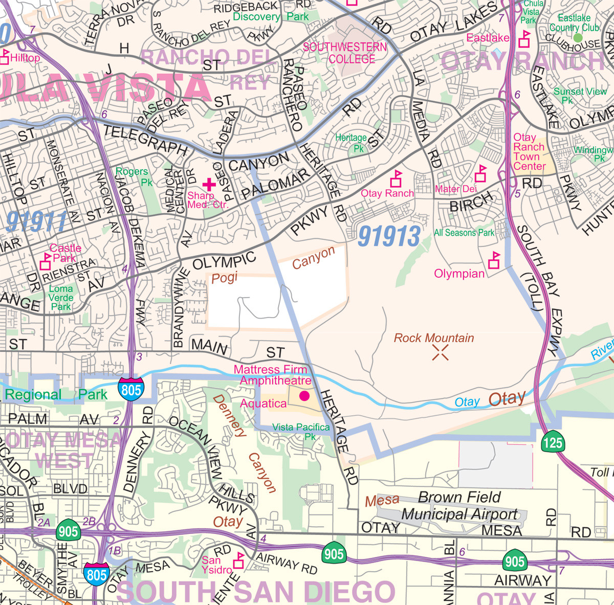 Greater San Diego CA Detailed Region Wall Map w/Zip Codes