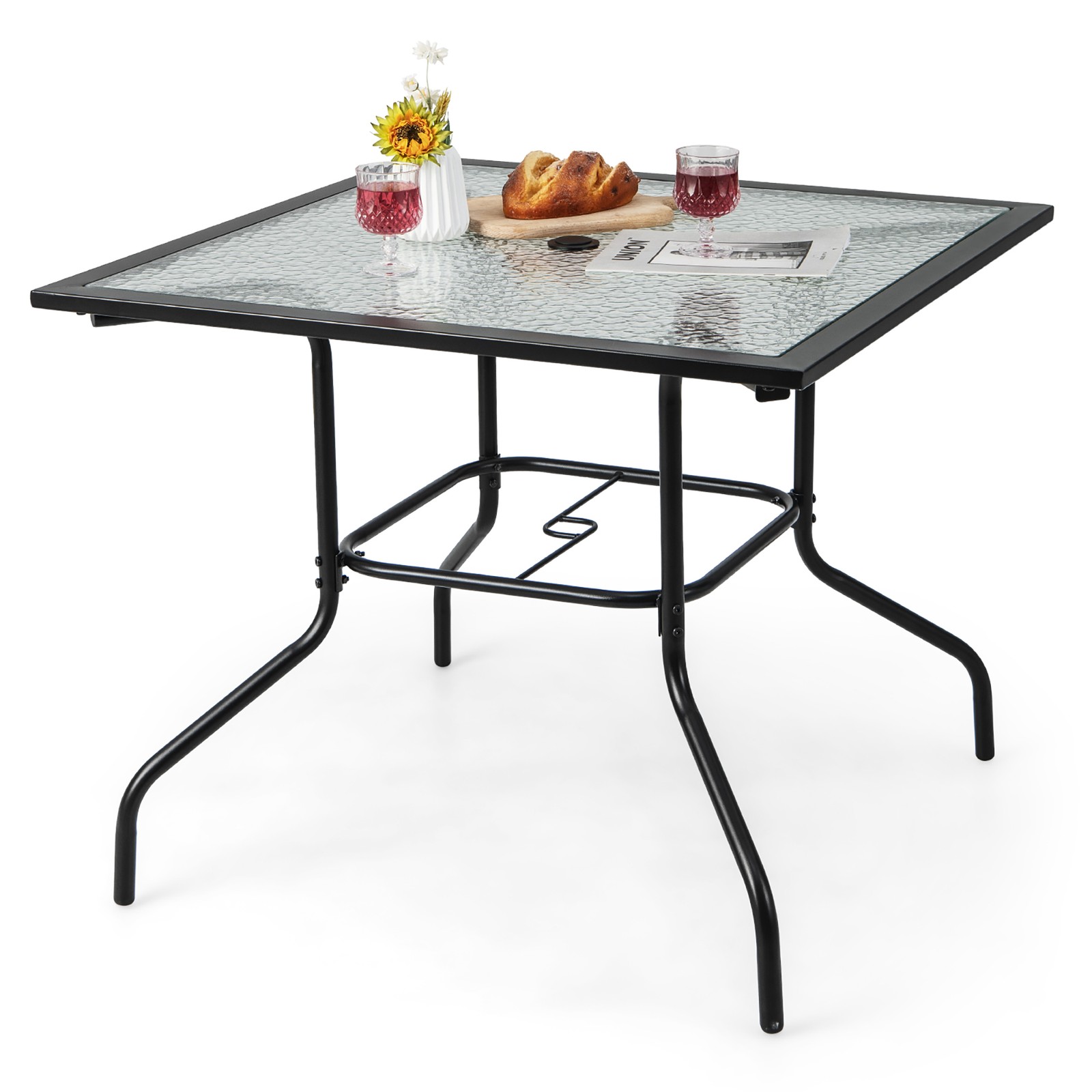 35" Patio Dining Table Square Dining Table w/Tempered Glass Tabletop Black
