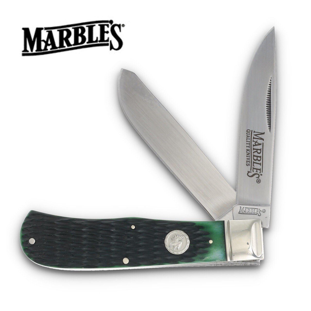 Marbles Jumbo Trapper Folding Pocket Knife - Green Bone Handles - Padded Case