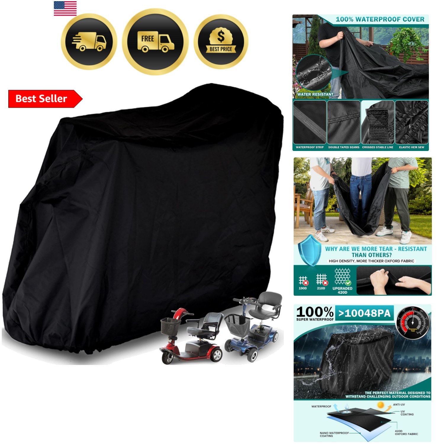 48"L x 22"W x 38"H Upgraded Mobility Scooter Storage Cover, 420D Oxford Fabri...