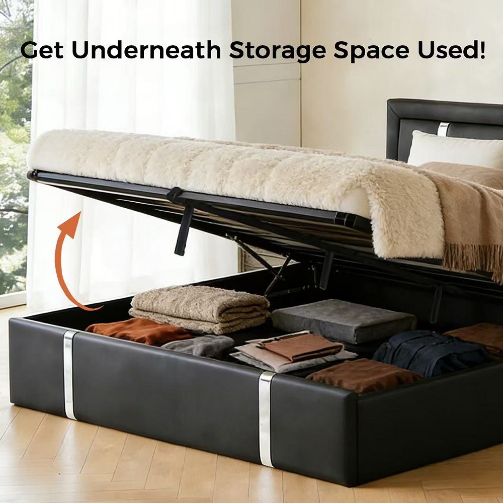 Lift Up Storage Bed Frame with Adjustable LEDUSB-CCharging PortsHydraulicSupport