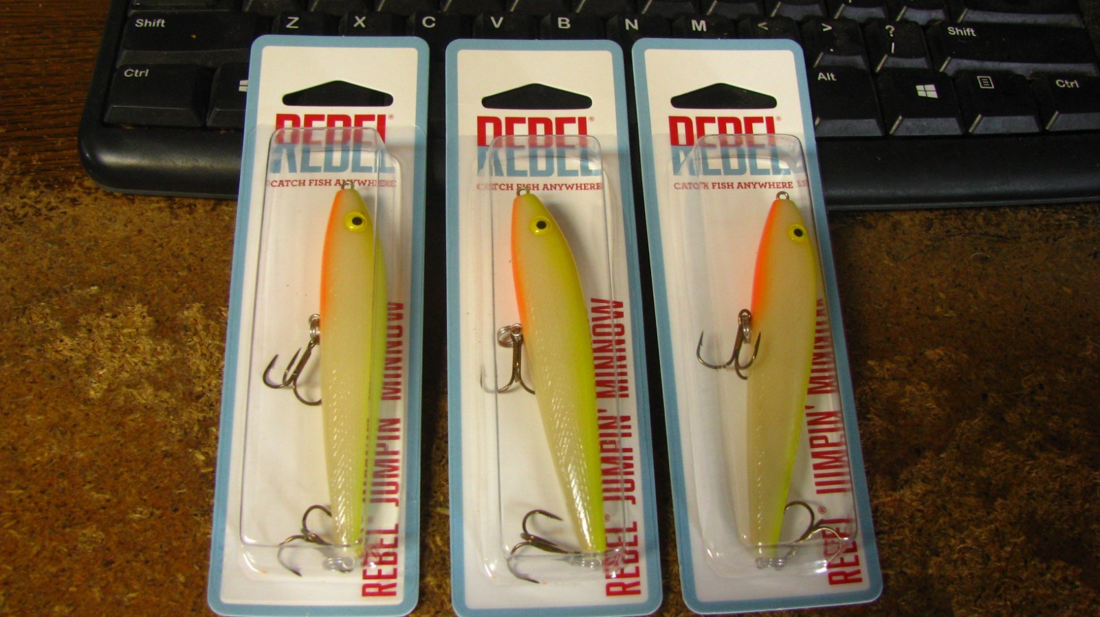 Rebel "jumpin minnow", 3 ct,  bone/chartreuse,  free shipping