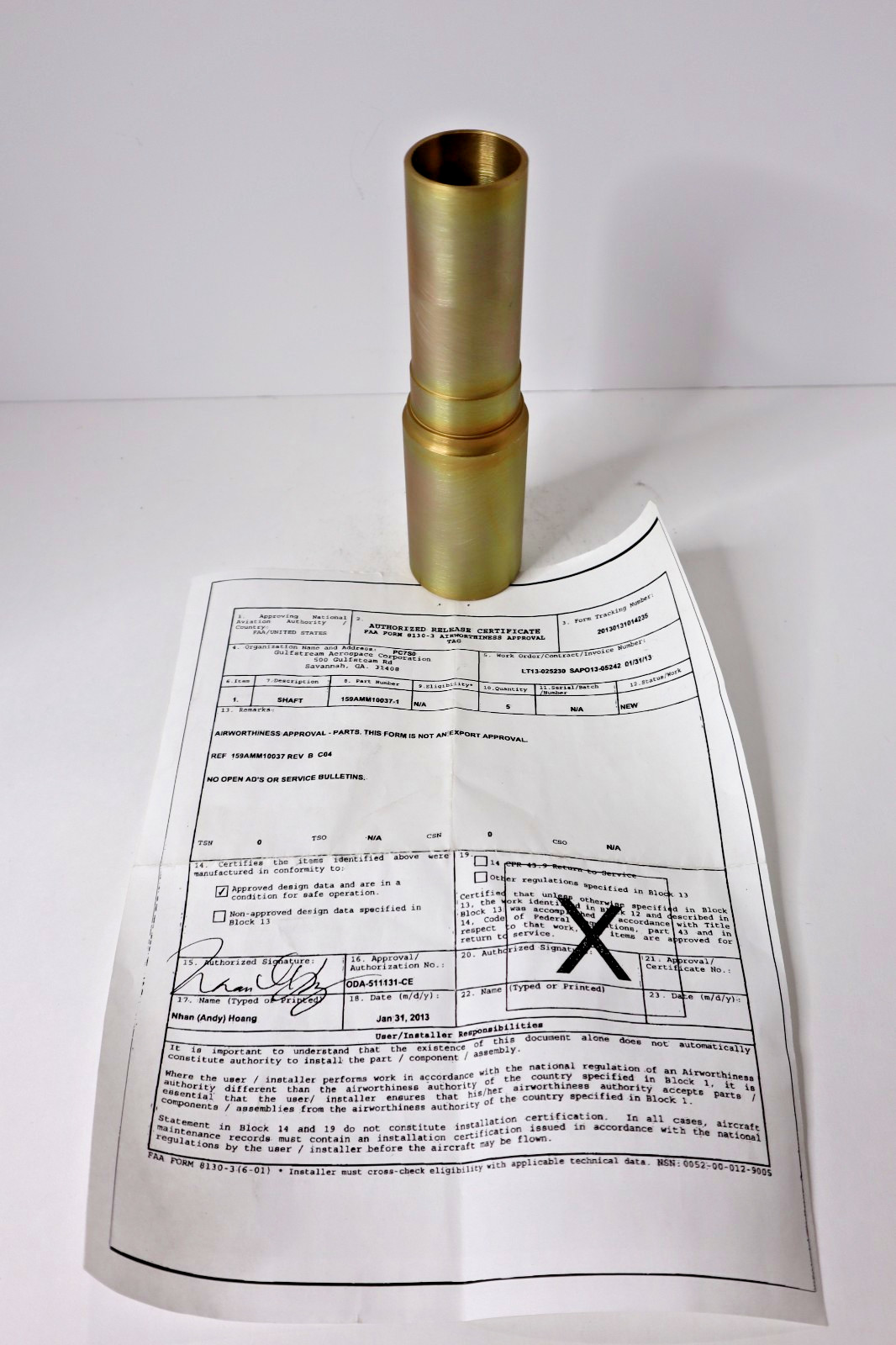Gulfstream Aerospace 159AMM10037-1 Shaft - New with FAA 8130-3 Form