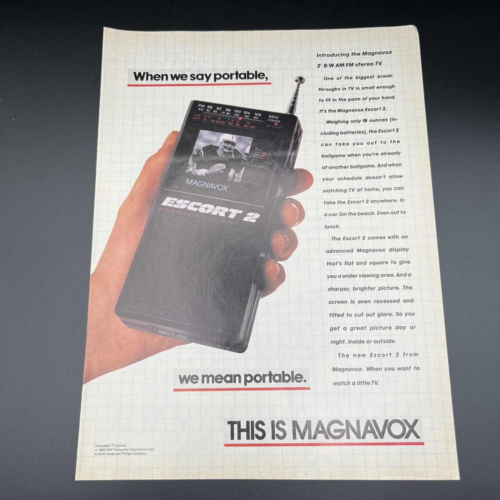 1984 Magnavox Escort 2 Portable Stereo/TV Print Ad 8"x11" we mean portable