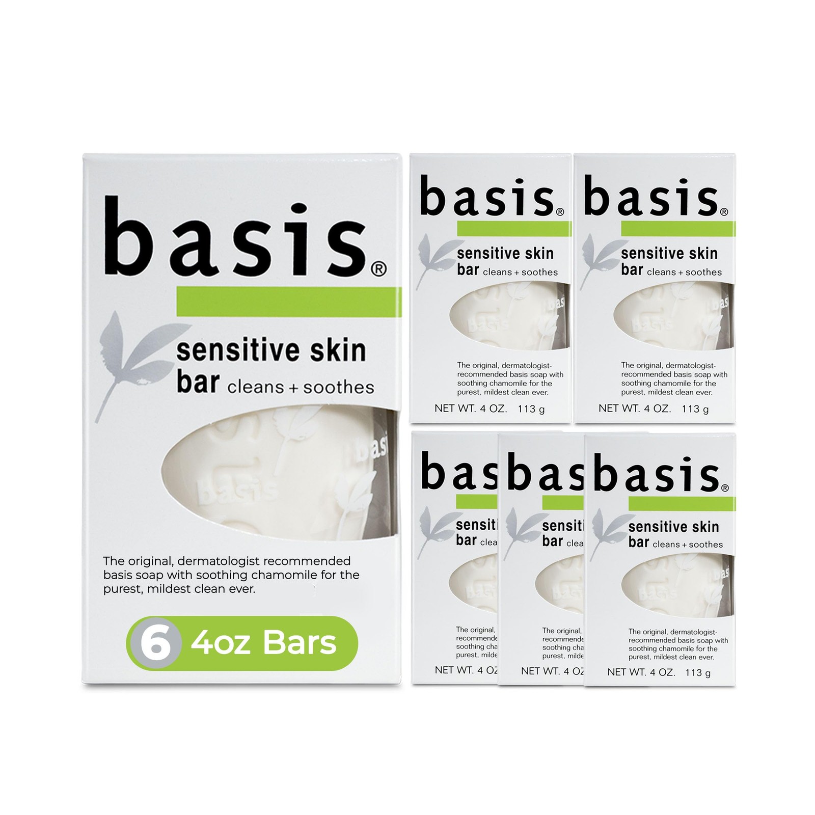 Basis Sensitive Skin Bar Soap for Body, Hands and 4 Ounce (Pack of 6), white