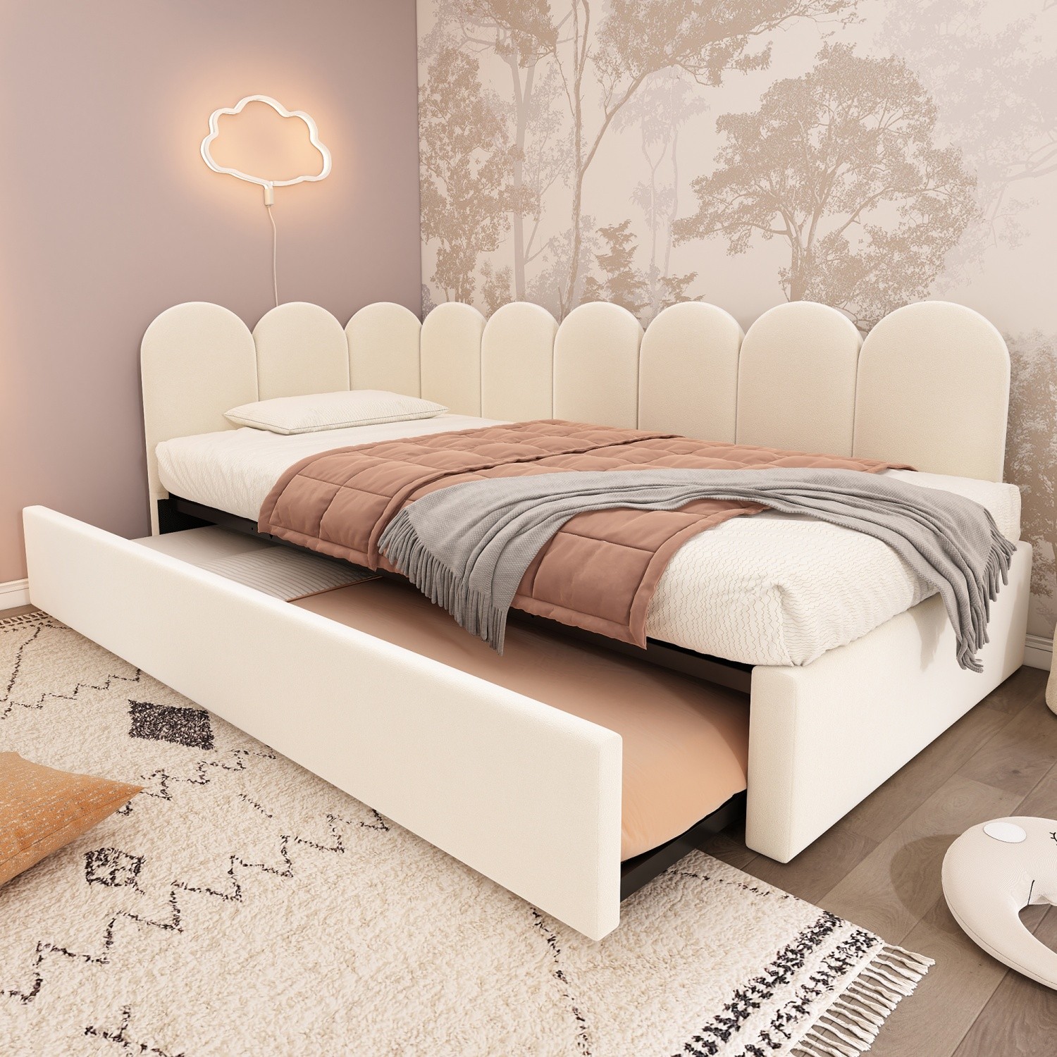 Twin Size Daybed Velvet Upholstered Bed Frame Sofa Bed w/ Trundle Bed Beige/Pink