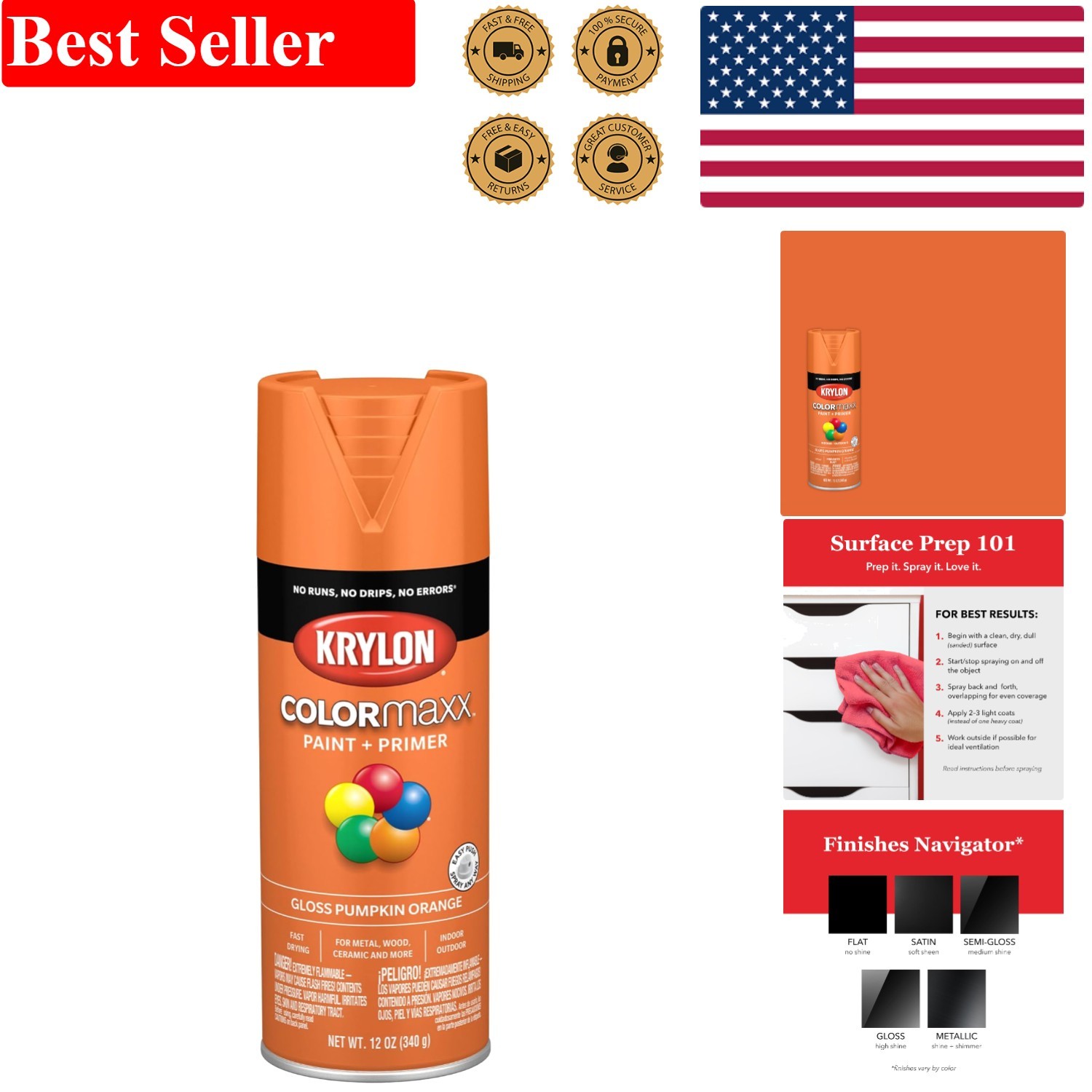 Fast-Drying 12 Oz Gloss Pumpkin Orange Spray Paint - Perfect for DIY Projects