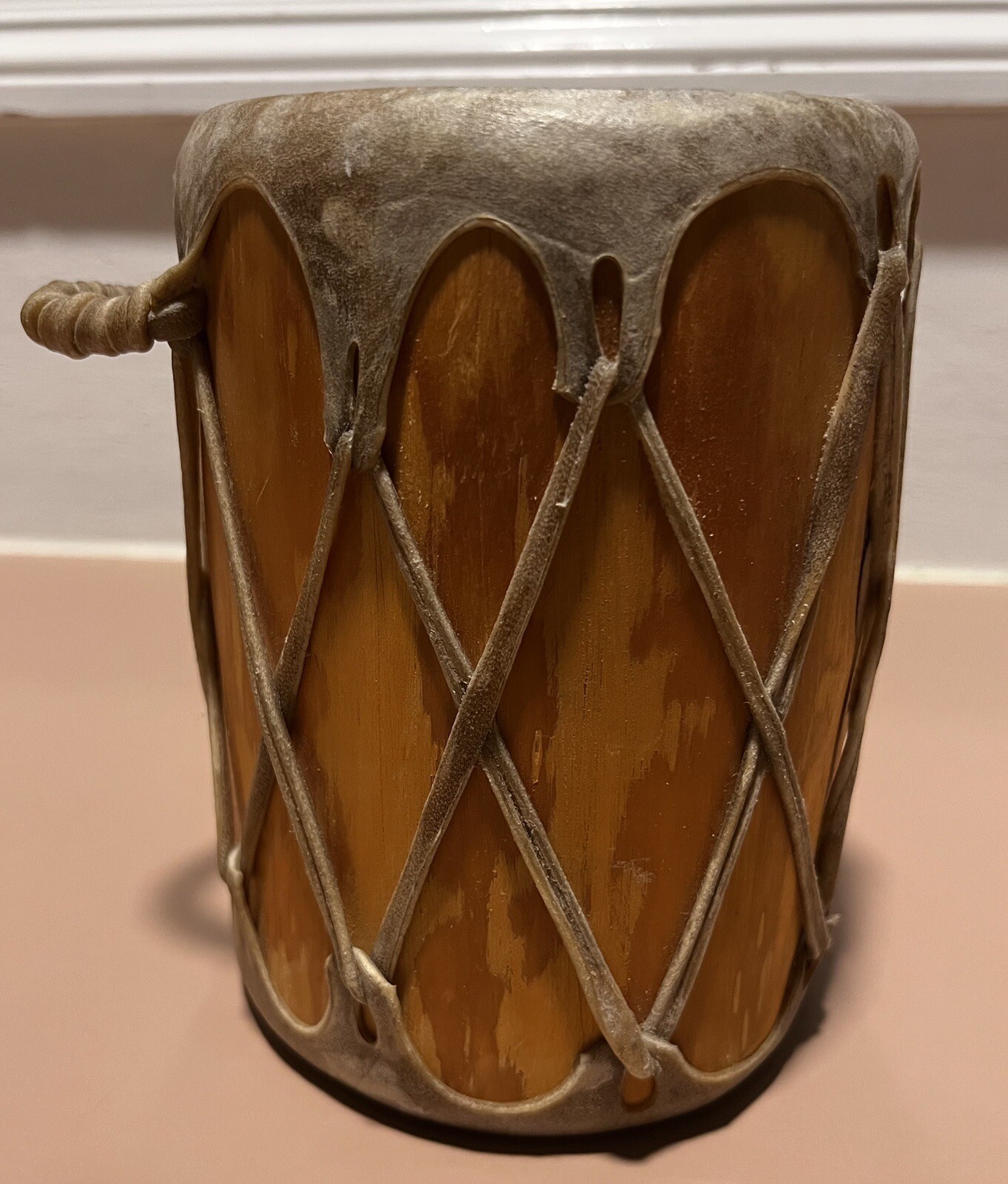 Rustic Native American Rawhide Log Drum 7  high x 5  Wide Preowned G2U