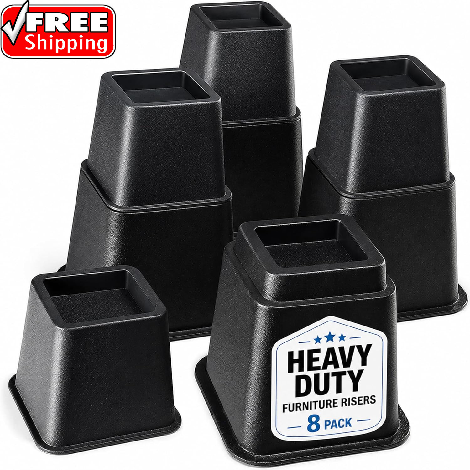 Adjustable Bed Risers - Elevation in 3, 5 or 8 Inch - Heavy Duty Stackable Furni