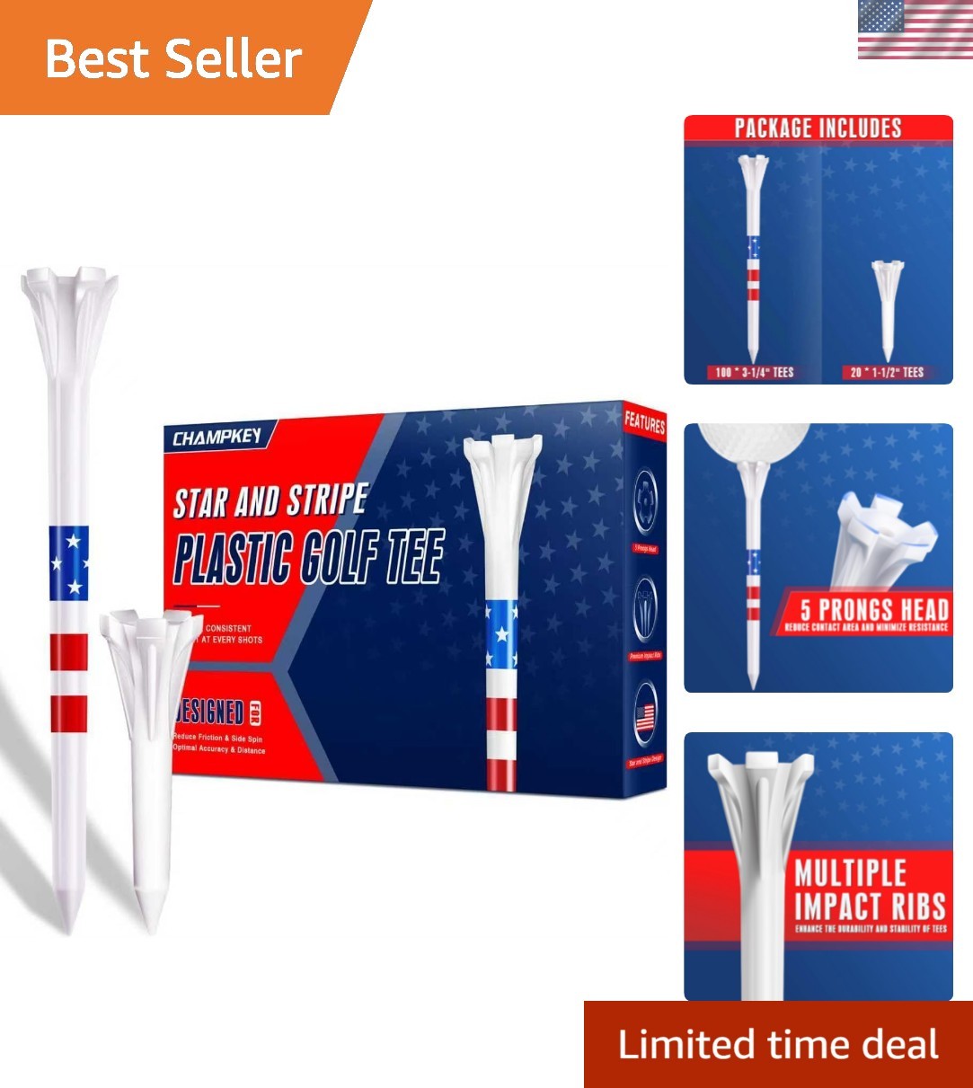 5-Prong Plastic Golf Tees 120 Pack - Star and Stripe Marking System Golf Plas...