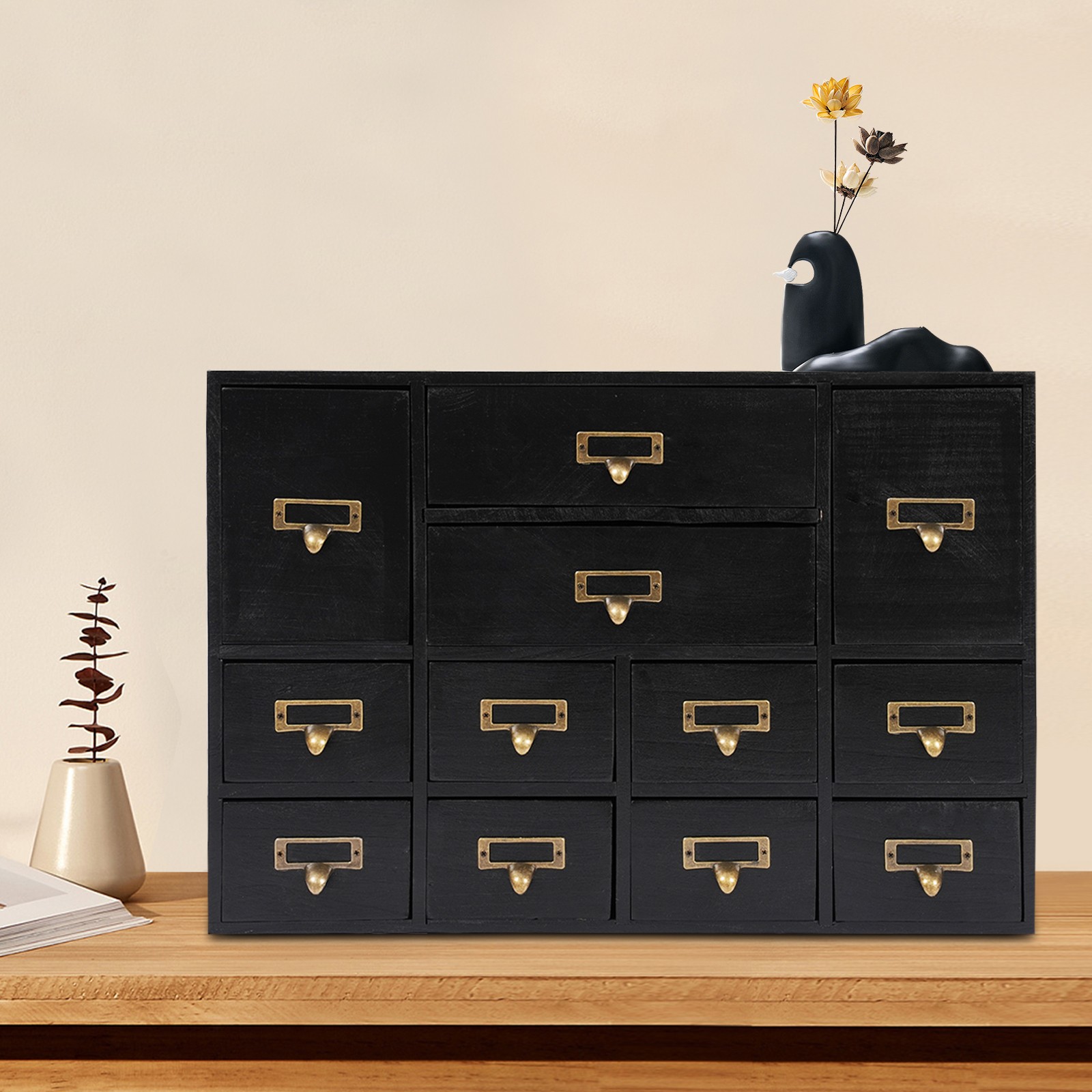 Black Wooden 12-Drawer Desktop Organizer Storage Cabinet