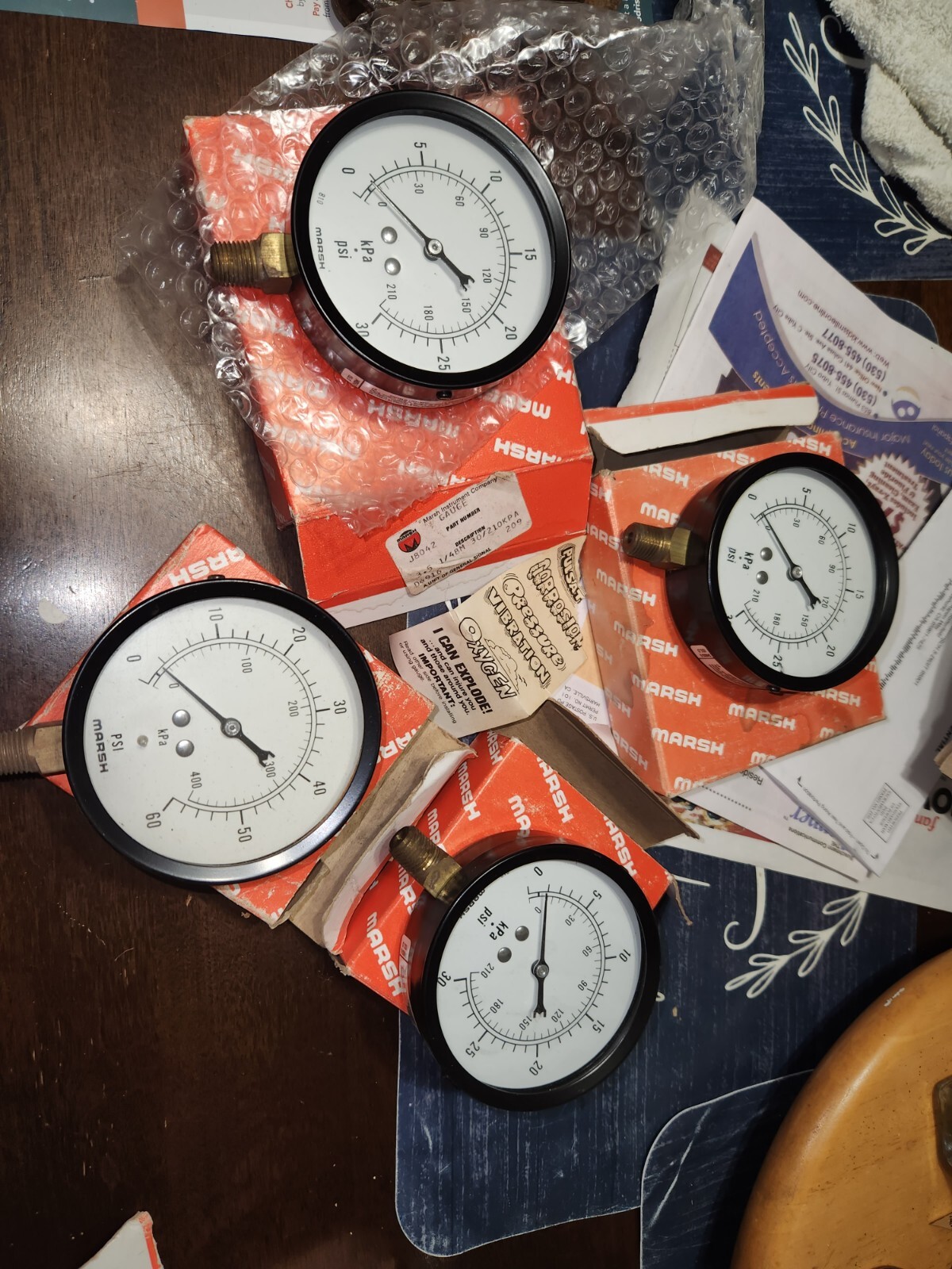 Vintage Lot of 4 New  Pressure Gauges  Jas. P. Marsh   Steampunk