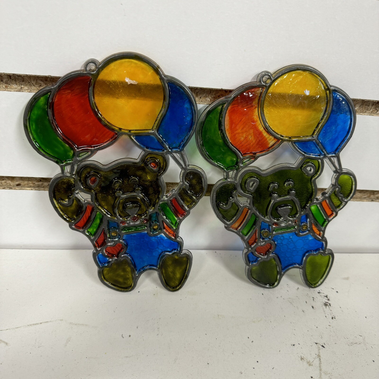 VTG Pair (2) Teddy Bear Window Ornaments Suncatchers Stained Glass Look PLASTIC
