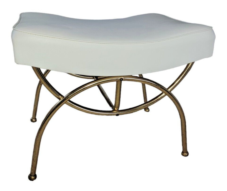 Vintage Gold Tone Metal Vanity Makeup White Vinyl Seat Chair Hollywood Regency