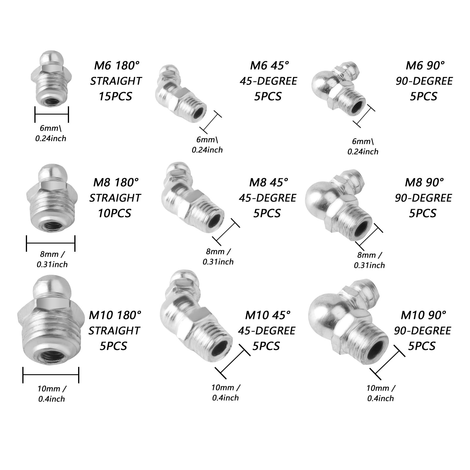 Metric Grease Fittings Kit, 60 Pcs Hydraulic Grease Zerk Assortment Kit